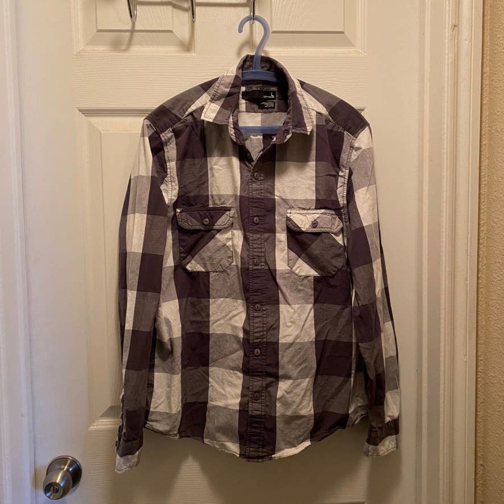 Cotton On Grey and White Plaid Button Down Shirt - Large